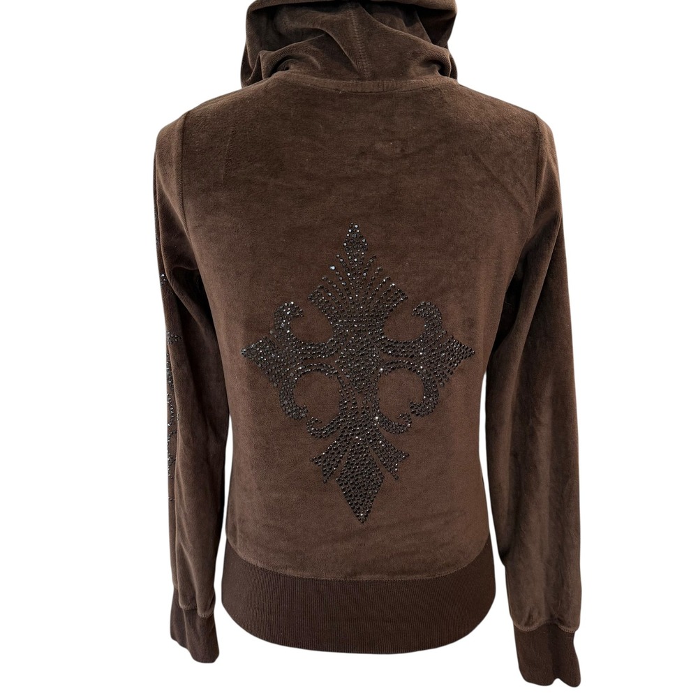 Romeo & Juliet Couture Brown Velour Hoodie Rhinestone Cross Embellished Size M